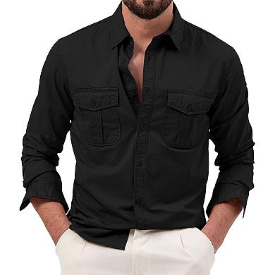 Men's Multi-Pocket Long Sleeve Shirt Casual Button-Down Utility Top