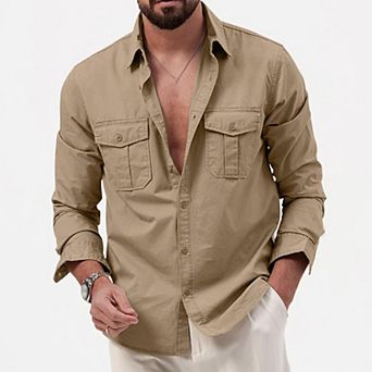 Men's Multi-Pocket Long Sleeve Shirt Casual Button-Down Utility Top