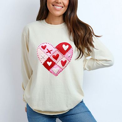Heart Stitching Patchwork Print - Women's Garment Dyed Long Sleeve Graphic T-Shirt