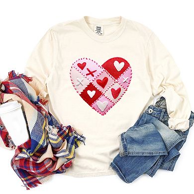 Heart Stitching Patchwork Print - Women's Garment Dyed Long Sleeve Graphic T-Shirt