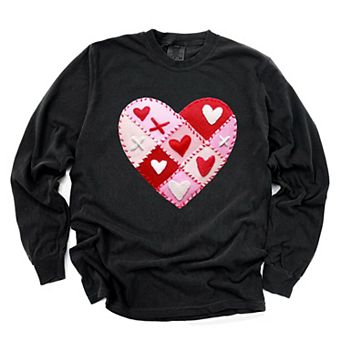 Heart Stitching Patchwork Print - Women's Garment Dyed Long Sleeve Graphic T-Shirt