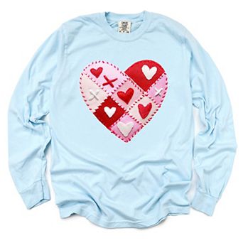 Heart Stitching Patchwork Print - Women's Garment Dyed Long Sleeve Graphic T-Shirt