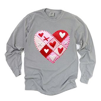 Heart Stitching Patchwork Print - Women's Garment Dyed Long Sleeve Graphic T-Shirt
