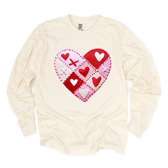 Heart Stitching Patchwork Print - Women's Garment Dyed Long Sleeve Graphic T-Shirt