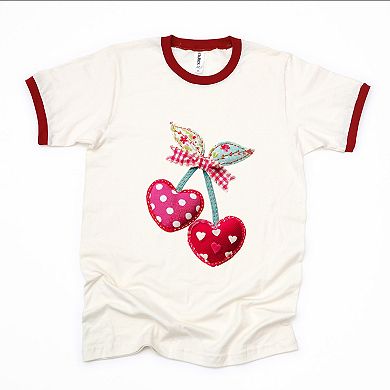 Cherry Hearts Patchwork Print - Women's Ringer Graphic T-Shirt