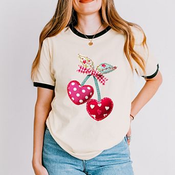 Cherry Hearts Patchwork Print - Women's Ringer Graphic T-Shirt