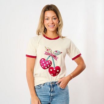 Cherry Hearts Patchwork Print - Women's Ringer Graphic T-Shirt