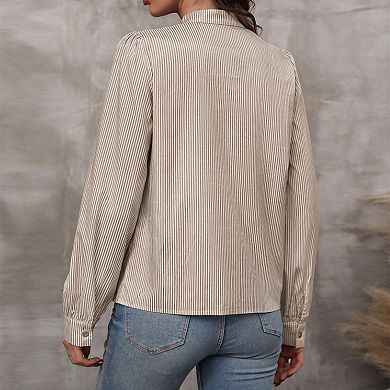Women's Striped Tie-Neck Blouse Decorative Button Long Sleeve Casual Tunic Top
