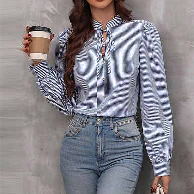 Women's Striped Tie-Neck Blouse Decorative Button Long Sleeve Casual Tunic Top