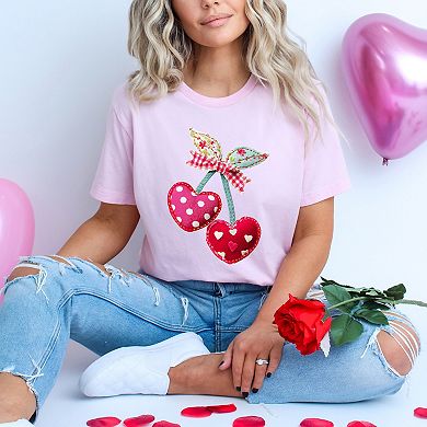 Cherry Hearts Patchwork Print - Women's Short Sleeve Graphic T-Shirt