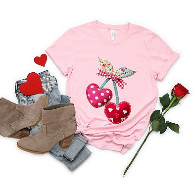 Cherry Hearts Patchwork Print - Women's Short Sleeve Graphic T-Shirt
