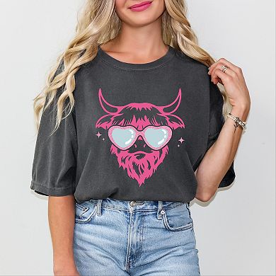 Cow Heart Glasses Glitter - Women's Garment Dyed Graphic T-Shirt