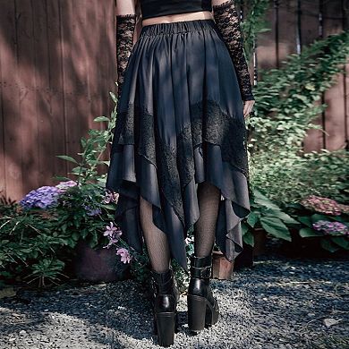 Women's Gothic Lace Trim Asymmetrical Punk Flowy Midi Skirt for Halloween and Christmas Party
