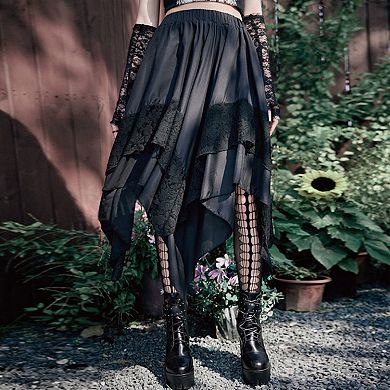 Women's Gothic Lace Trim Asymmetrical Punk Flowy Midi Skirt for Halloween and Christmas Party