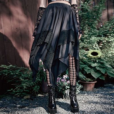 Women's Gothic Lace Trim Asymmetrical Punk Flowy Midi Skirt for