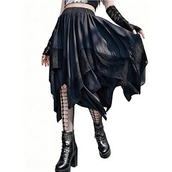 Women's Gothic Lace Trim Asymmetrical Punk Flowy Midi Skirt for Halloween and Christmas Party