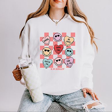 S.W.Smiley Candy Heart Smile Solid - Women's Lightweight Garment Dyed Sweatshirt