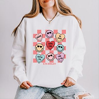 S.W.Smiley Candy Heart Smile Solid - Women's Lightweight Garment Dyed Sweatshirt