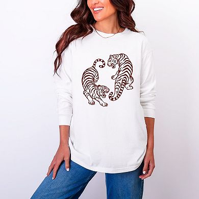 Two Tigers - Women's Garment Dyed Long Sleeve Graphic T-Shirt