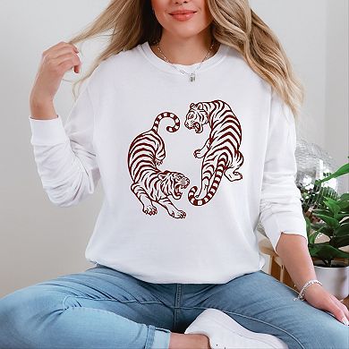 Two Tigers - Women's Garment Dyed Long Sleeve Graphic T-Shirt