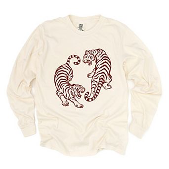 Two Tigers - Women's Garment Dyed Long Sleeve Graphic T-Shirt