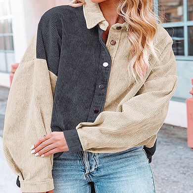 Women's Corduroy Shirt Jacket Long Sleeve Color Block Button Front Top