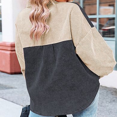 Women's Corduroy Shirt Jacket Long Sleeve Color Block Button Front Top