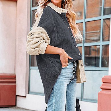 Women's Corduroy Shirt Jacket Long Sleeve Color Block Button Front Top