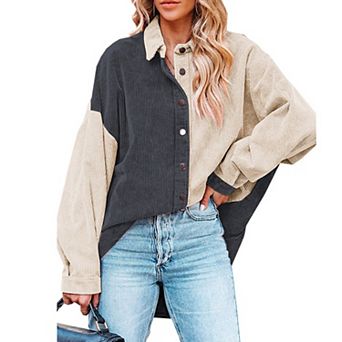 Women's Corduroy Shirt Jacket Long Sleeve Color Block Button Front Top