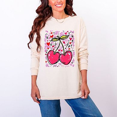 Cherry Hearts Grunge - Women's Garment Dyed Long Sleeve Graphic T-Shirt