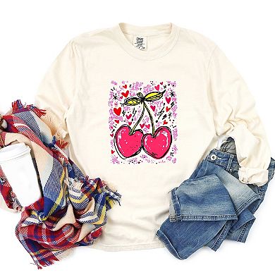 Cherry Hearts Grunge - Women's Garment Dyed Long Sleeve Graphic T-Shirt