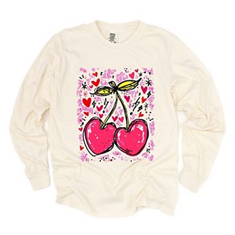 Cherry Hearts Grunge - Women's Garment Dyed Long Sleeve Graphic T-Shirt