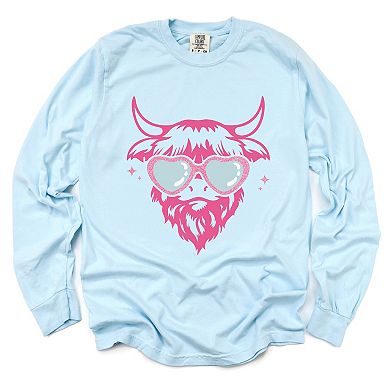 Cow Heart Glasses Glitter - Women's Garment Dyed Long Sleeve Graphic T-Shirt