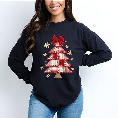 Christmas Tree Red Patchwork Print - Women's Garment Dyed Long Sleeve Graphic T-Shirt