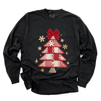 Christmas Tree Red Patchwork Print - Women's Garment Dyed Long Sleeve Graphic T-Shirt