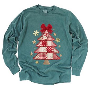Christmas Tree Red Patchwork Print - Women's Garment Dyed Long Sleeve Graphic T-Shirt