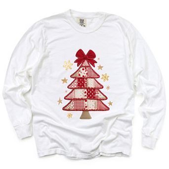 Christmas Tree Red Patchwork Print - Women's Garment Dyed Long Sleeve Graphic T-Shirt
