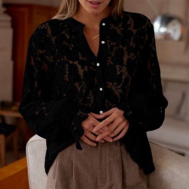 Women's Full Lace Shirt Sheer Long Sleeve Button-Down Elegant Casual Blouse