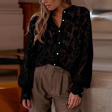 Women's Full Lace Shirt Sheer Long Sleeve Button-Down Elegant Casual Blouse