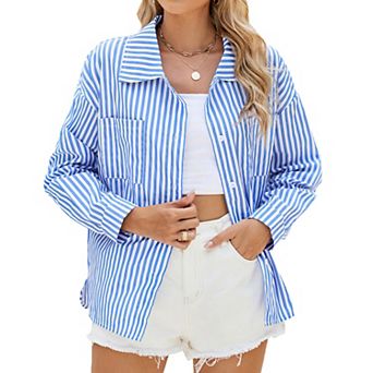 Women's Long Sleeve Striped Shirt Oversized Button-Down Collared Casual Blouse