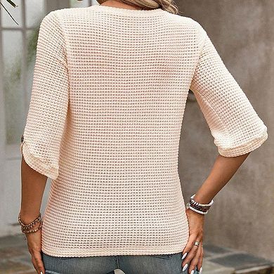 Women's Round Neck Knit Top Mid-Sleeve Casual Blouse with Decorative Cuff Buttons