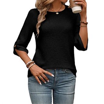Women's Round Neck Knit Top Mid-Sleeve Casual Blouse with Decorative Cuff Buttons