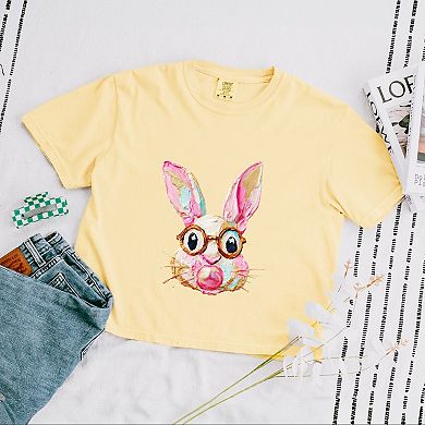 Bunny Face Textured Paint - Women's Boxy Crop Top Graphic T-Shirt