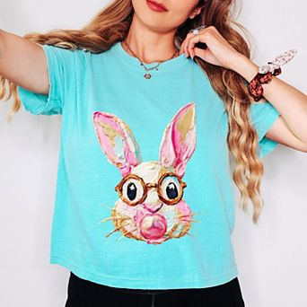 Bunny Face Textured Paint - Women's Boxy Crop Top Graphic T-Shirt