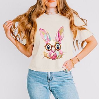 Bunny Face Textured Paint - Women's Boxy Crop Top Graphic T-Shirt