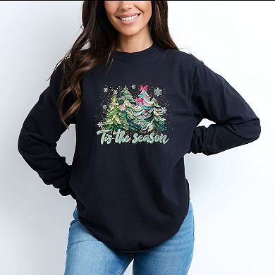 Tis The Season Painted Trees - Women's Garment Dyed Long Sleeve Graphic T-Shirt