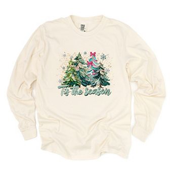 Tis The Season Painted Trees - Women's Garment Dyed Long Sleeve Graphic T-Shirt