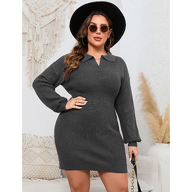 Women Plus Size Polo Collar Sweater Dress Long Sleeve Knitted Bodycon Mini Dress