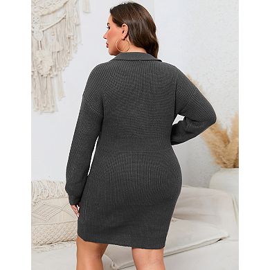 Women Plus Size Polo Collar Sweater Dress Long Sleeve Knitted Bodycon Mini Dress