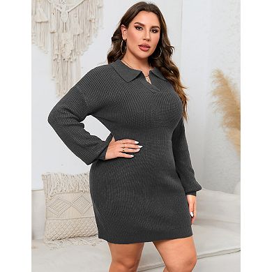 Women Plus Size Polo Collar Sweater Dress Long Sleeve Knitted Bodycon Mini Dress